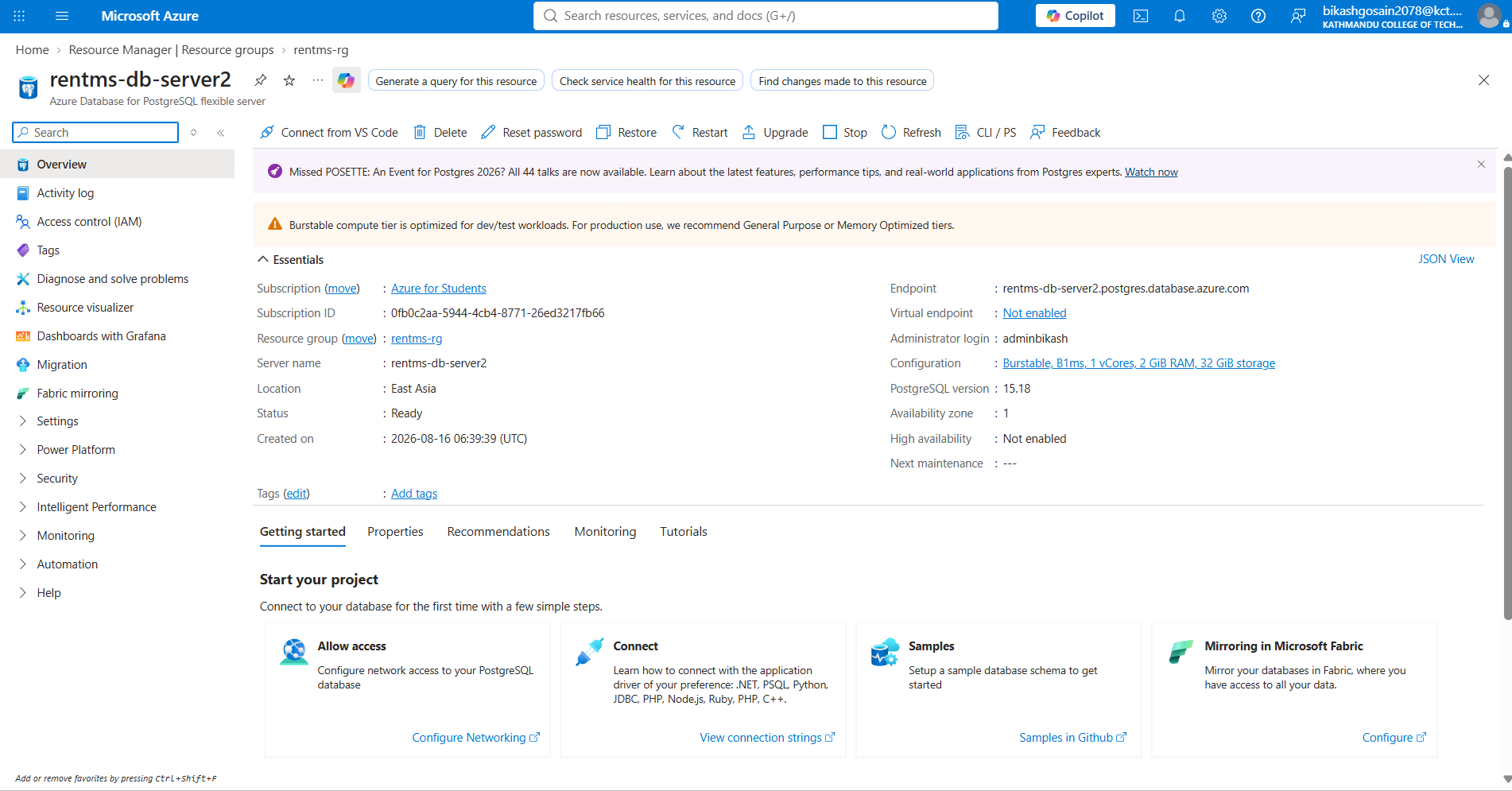 RentMS Azure PostgreSQL database
